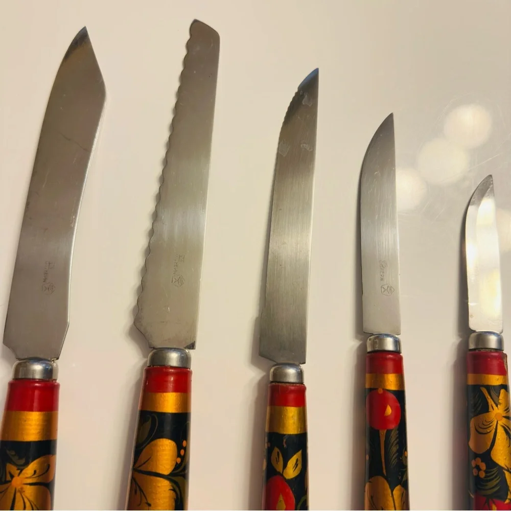 Vintage Khokhloma Knife Set USSR 5 piece decorative knife set Hand Painted